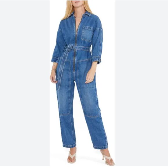 Etica Zeta Denim Long Sleeve Zip Up Jumpsuit Size Large - Picture 1 of 8